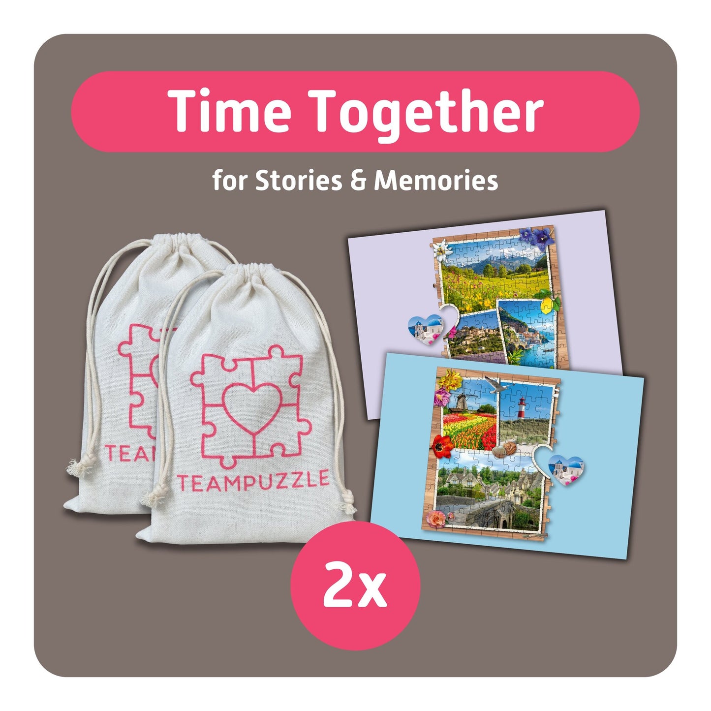 TEAMPUZZLE Dream Destinations 194pc puzzle set with 2 difficulty levels, includes 2 canvas storage bags
