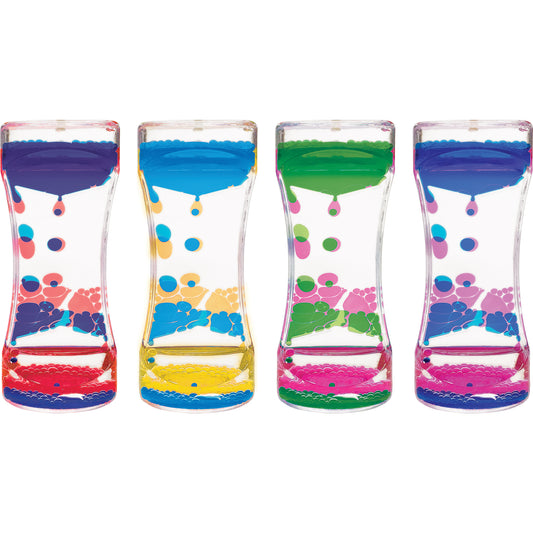 Four liquid motion bubblers with colorful layered liquid and floating bubbles in red, blue, yellow, and green color schemes