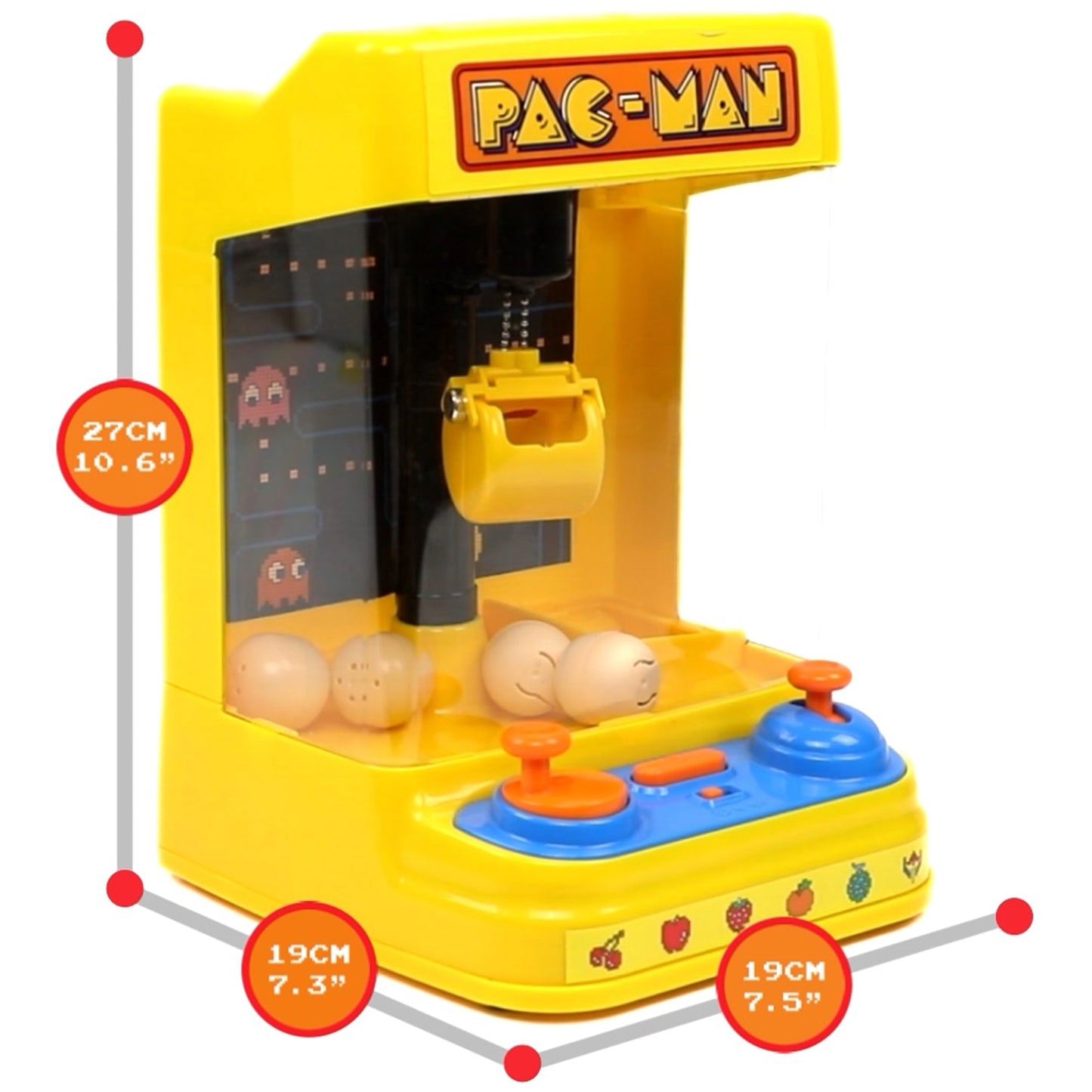Pac-Man Arcade Claw Crane yellow toy game with joystick and claw, 27cm tall