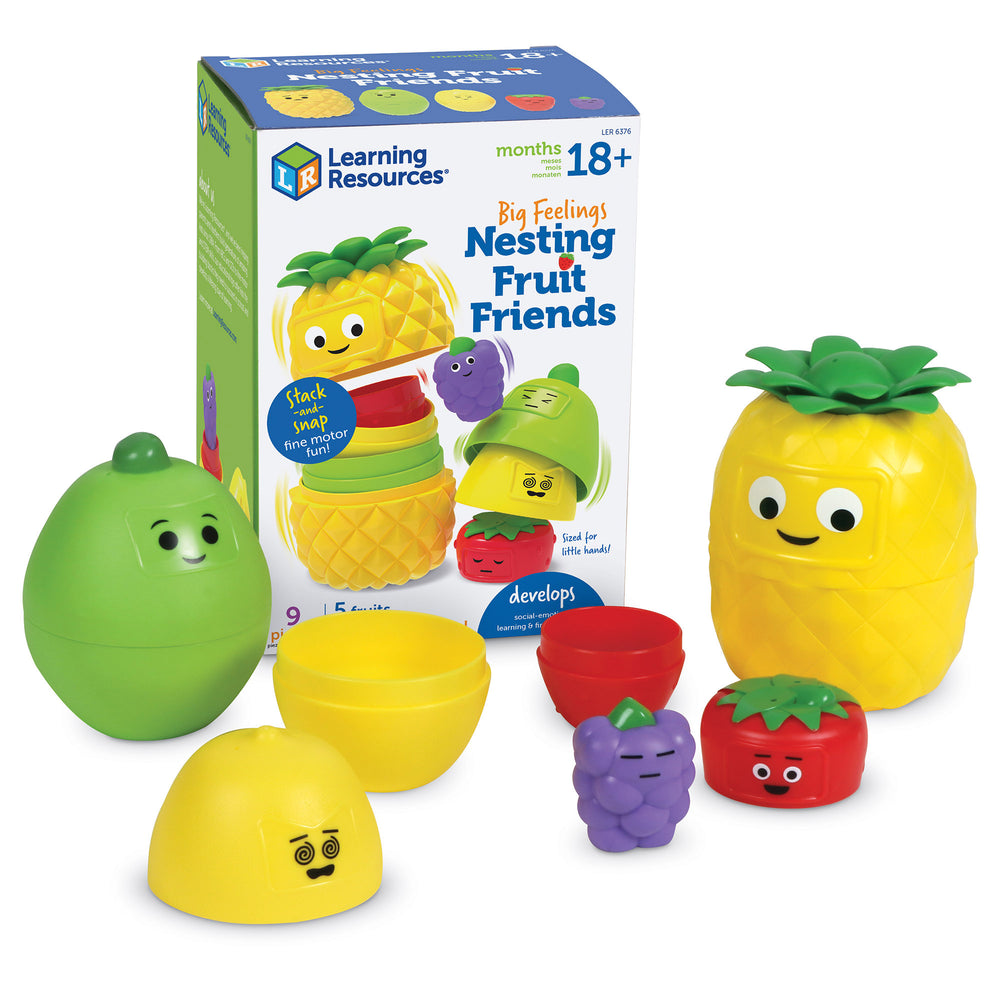 Learning Resources Big Feelings Nesting Fruit Friends set with colorful stacking fruit characters including pineapple, lime, lemon, grape, and strawberry with s
