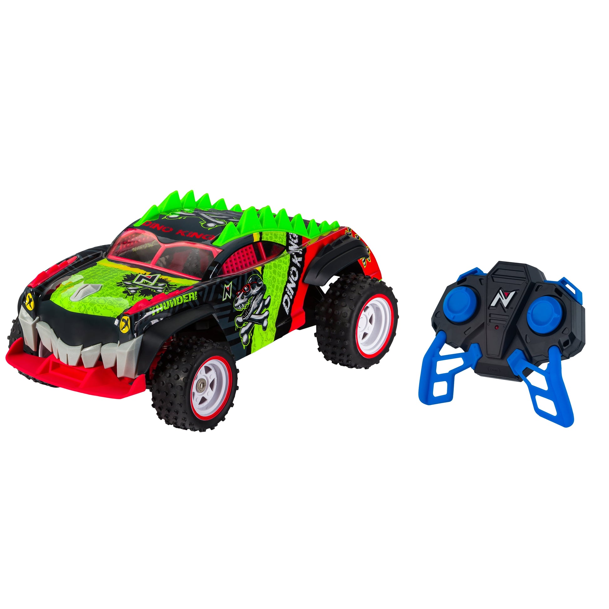 Nikko RC Dino King remote-controlled truck with lime-green and red dinosaur design, spiked back, white teeth detail, and matching black and blue controller