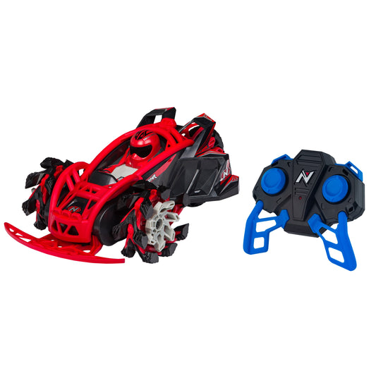 Red and black remote-controlled all-terrain car with fold-out wings and blue/black 2.4GHz remote control