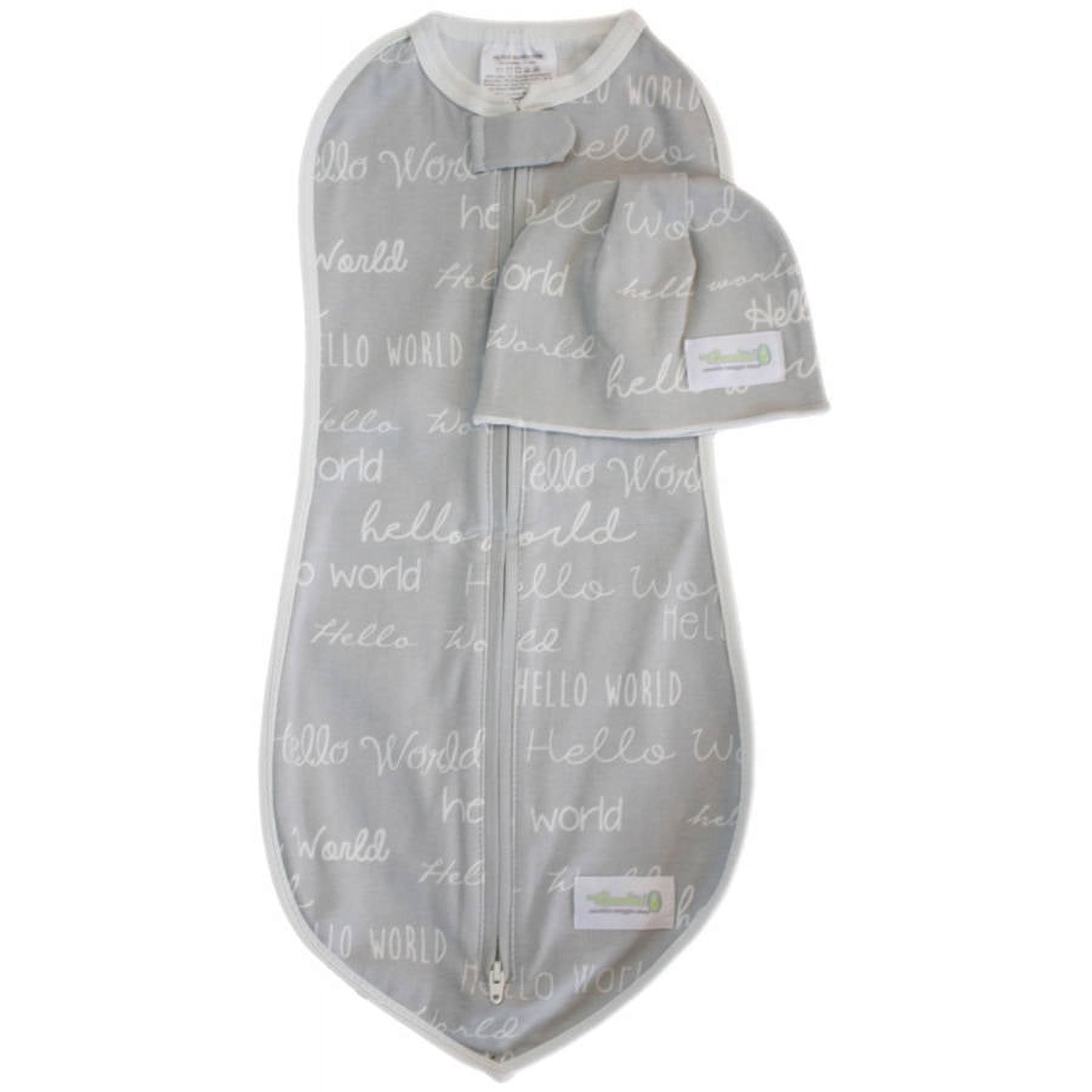 Grey swaddle sack and matching beanie hat set with 'Hello World' text pattern, displayed on plain background