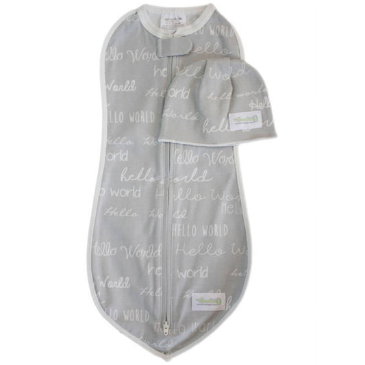 Grey swaddle sack and matching beanie hat set with 'Hello World' text pattern, displayed on plain background