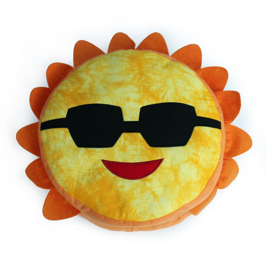 Yellow sun-shaped plush toy with orange ray petals, black sunglasses, and smiling red mouth
