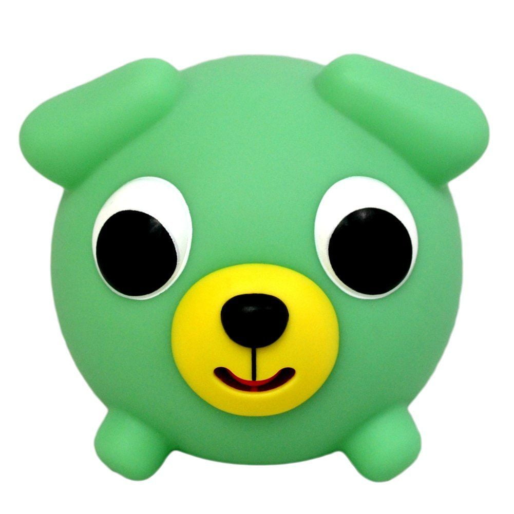 Green squeezable toy with rounded ears, large white eyes with black pupils, and yellow circular face with smiling mouth