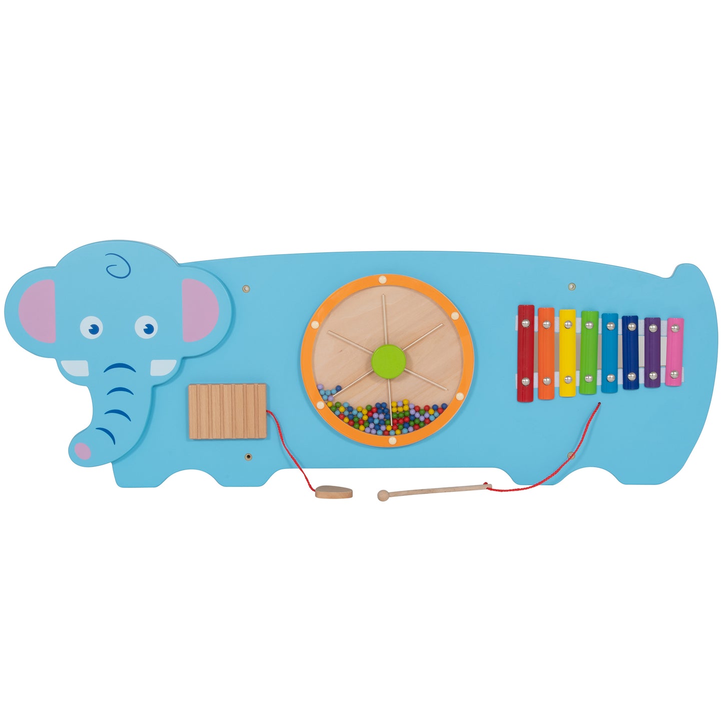 Blue elephant-shaped activity wall panel with pink inner ears, featuring a bead maze wheel with orange rim, colored xylophone bars on the right, wooden slats on