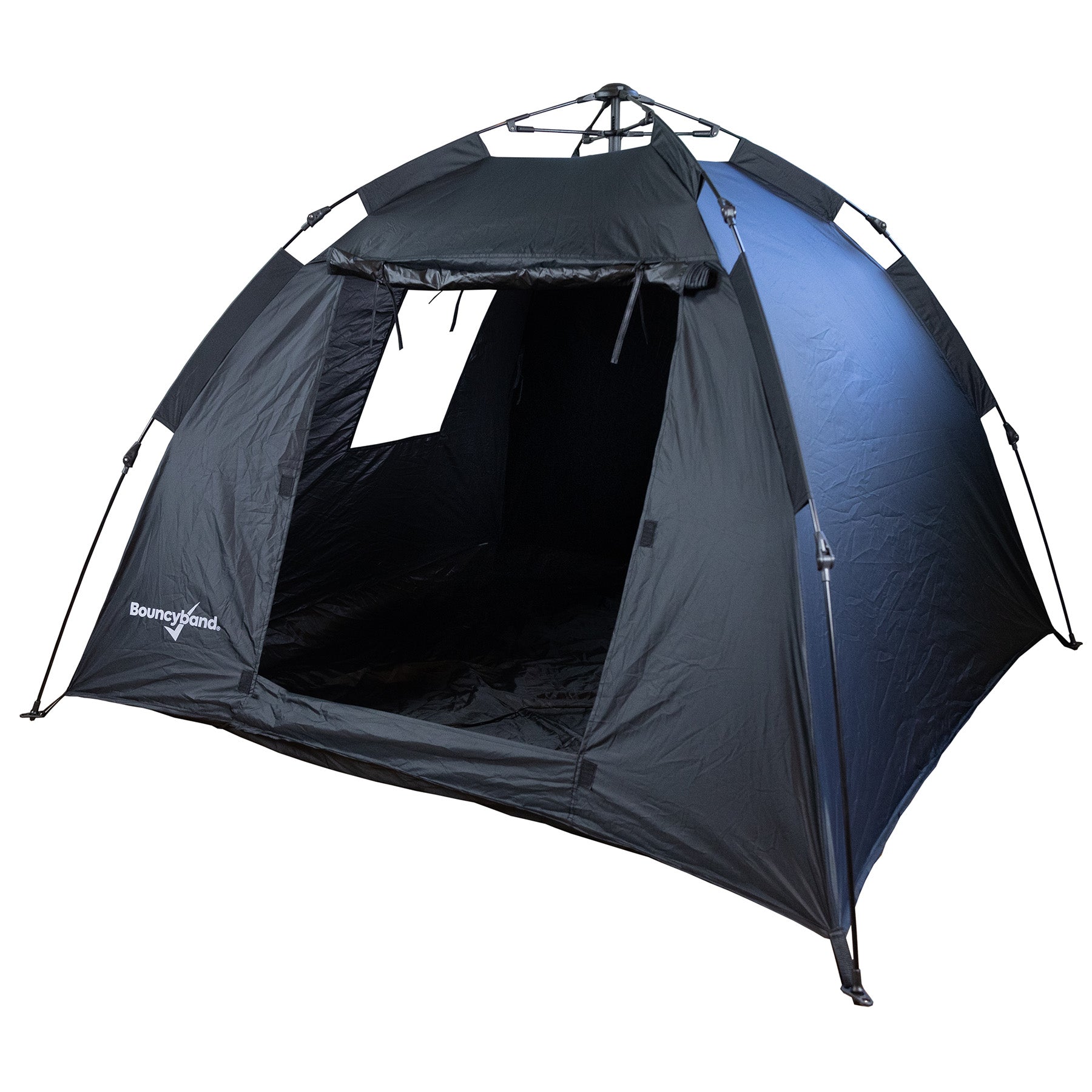 Black pop-up sensory dark den tent with blue panel, open entrance, and metal frame structure on plain white background
