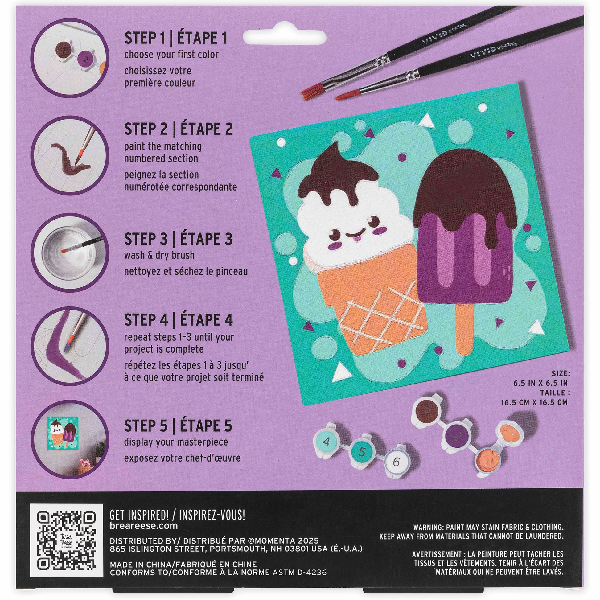 Mini Paint By Number Ice Cream kit with turquoise canvas, two brushes, and numbered paint colors