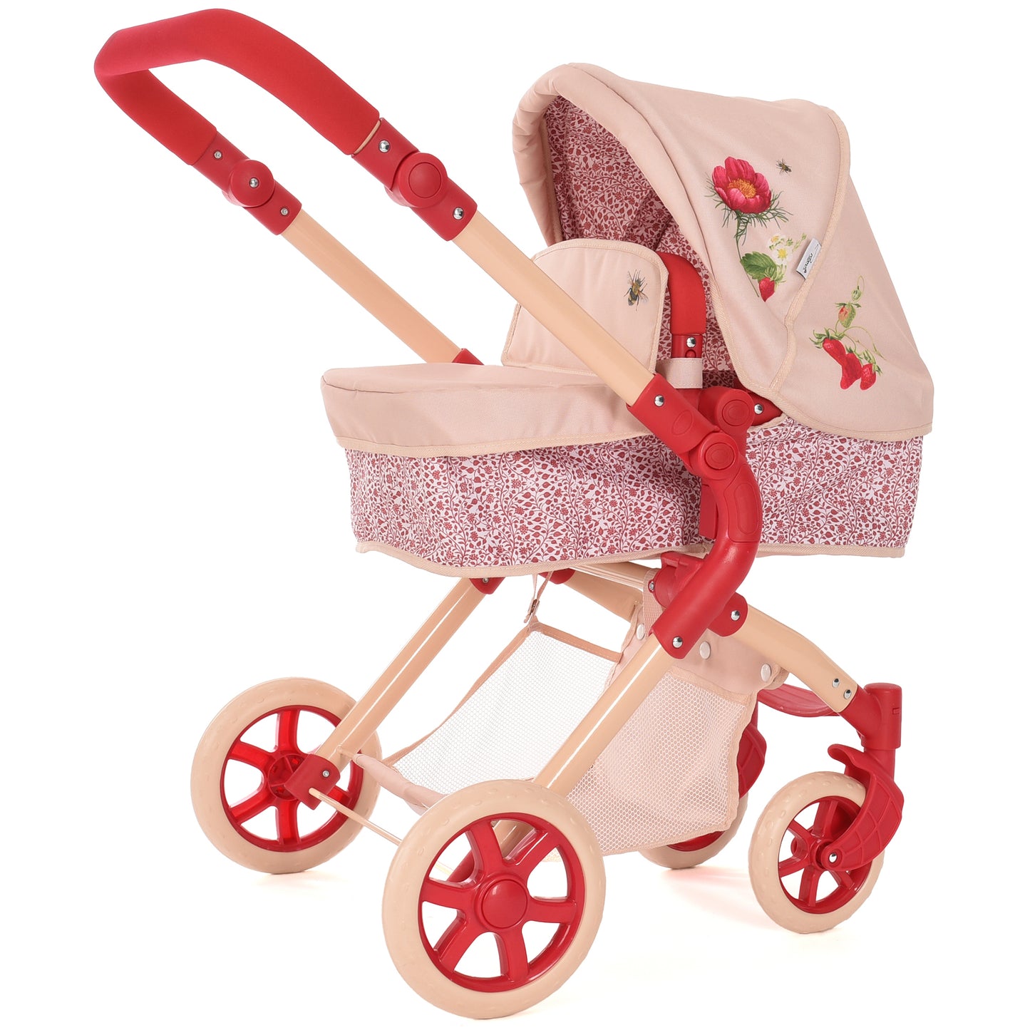 Roma RHS Single Doll Pram Flora with pink and red design, floral canopy