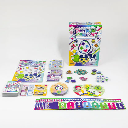 Tamagotchi Collections board game box with colorful character tokens, dice, cards, and game board displayed