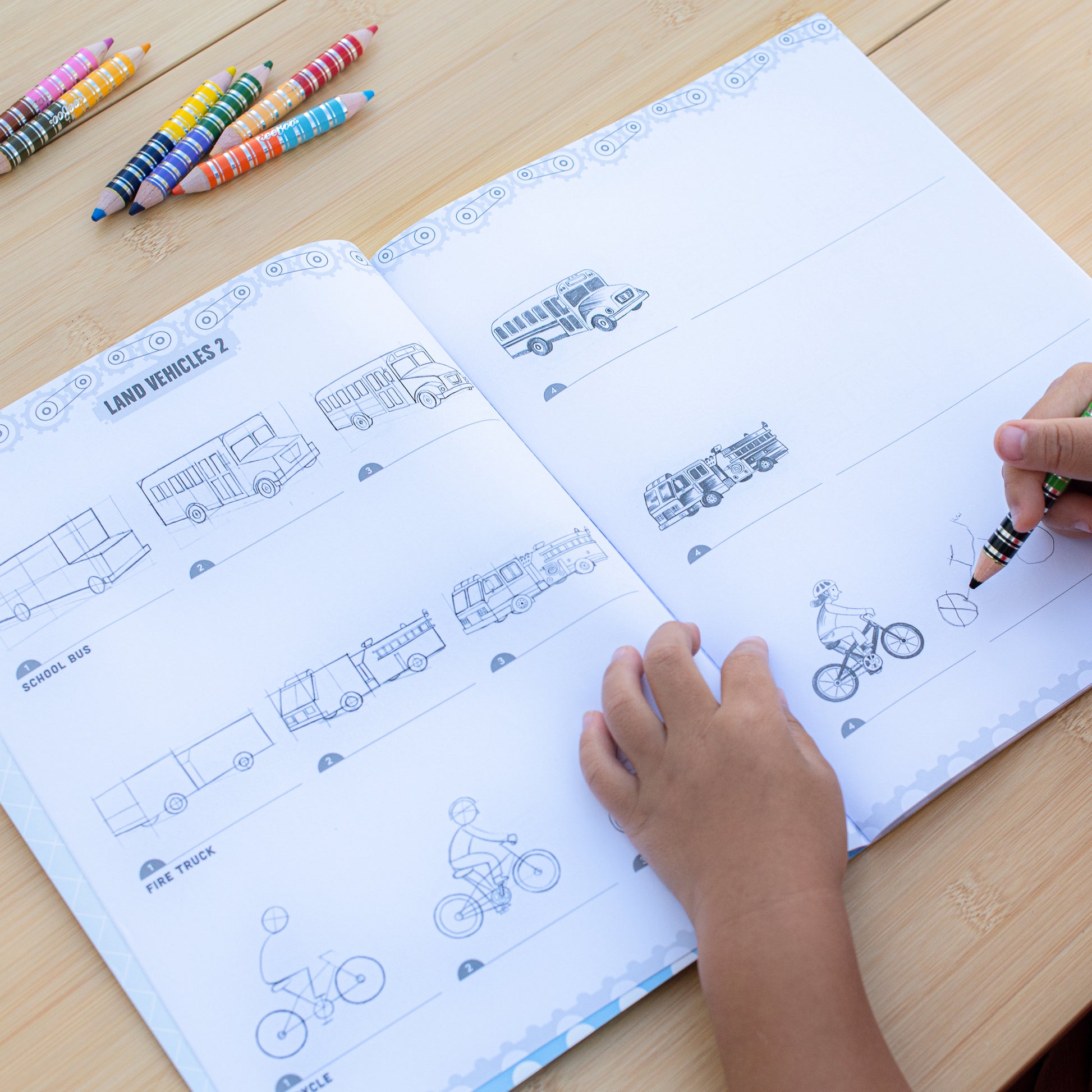 Learn to Draw: Vehicles coloring book with trucks, buses, and bicycles with colored pencils