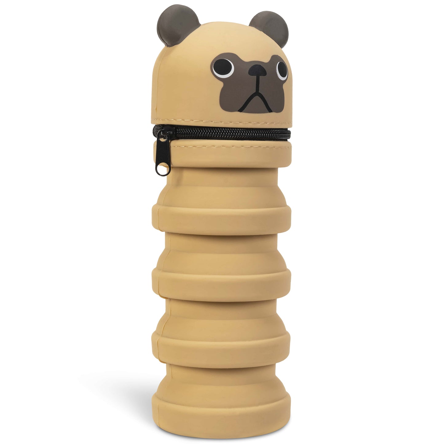 Retractable Pencil Case Pug with tan body, brown face, and black zipper