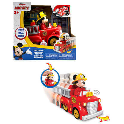 Disney Junior Mickey Mouse Press N' Go red firetruck toy with yellow details and Mickey in firefighter outfit