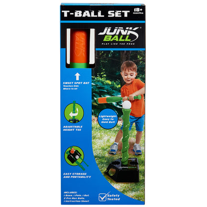Junk Ball T-Ball Set with orange bat, green tee, and white ball for toddlers 18+ months