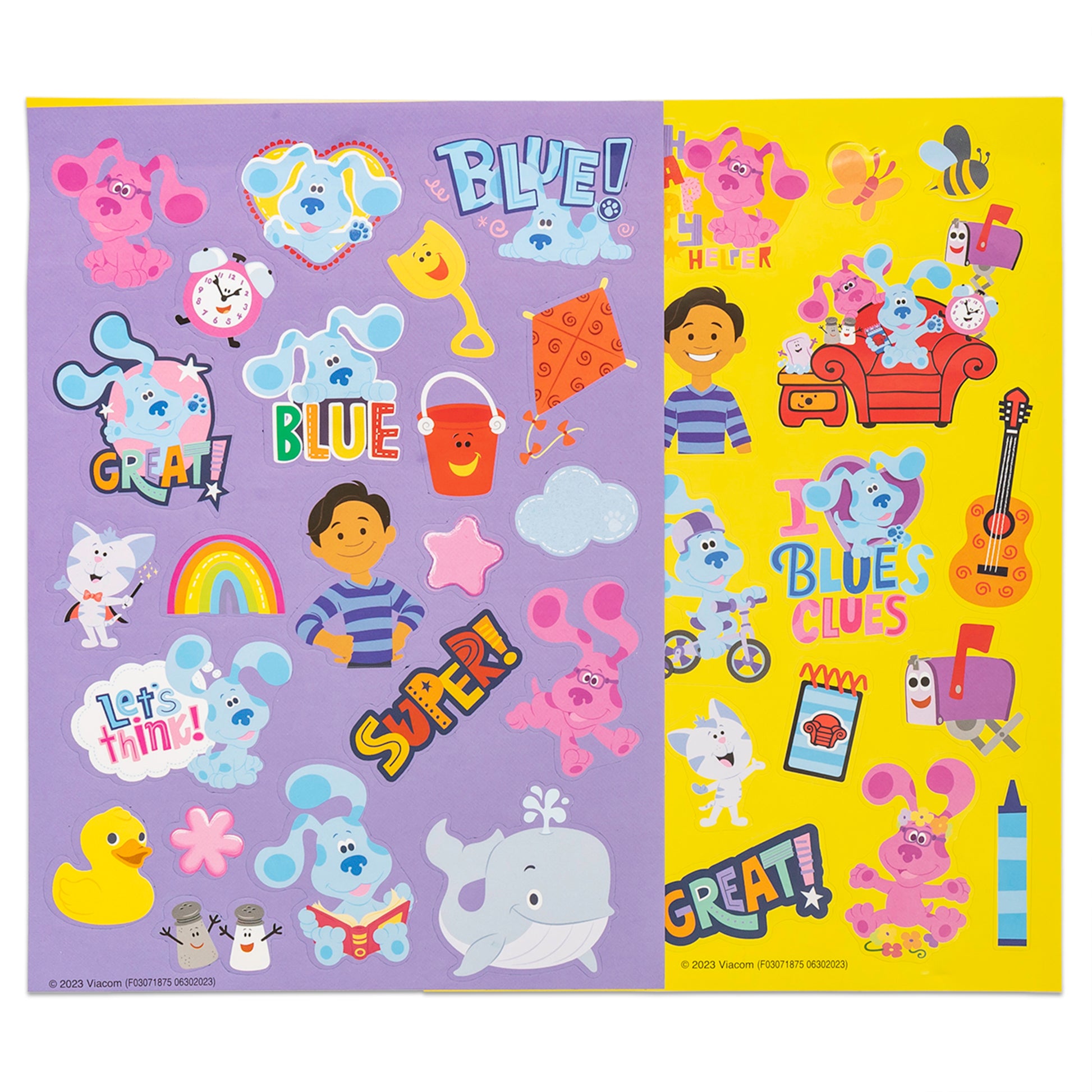 Stamp & Doodle Blue's Clues sticker sheet set with purple and yellow pages featuring colorful character stickers