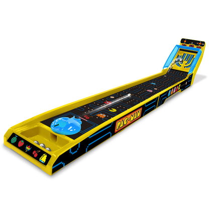 Pac-Man Edition Arcade Alley-Ball Premium Series 3-Foot Track Game with yellow frame, black playing surface, blue ball, and scoring holes at the end