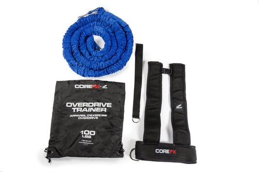 Core FX Overdrive Trainer 100 lbs set with blue resistance cord, black carrying bag, and ankle cuff attachment straps