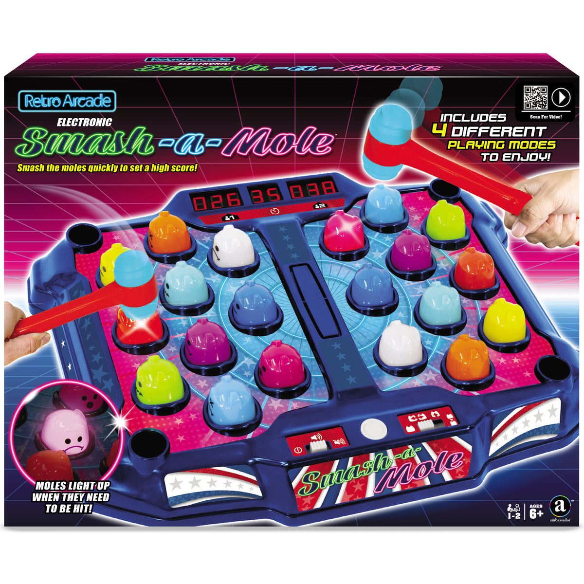Retro Arcade Electronic Smash-A-Mole game with colorful light-up moles and red mallet