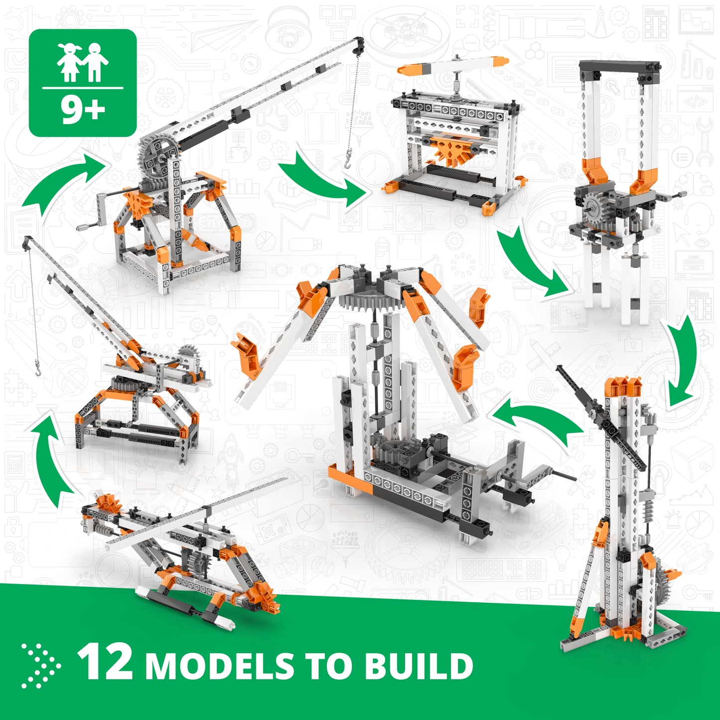 Engino Mechanics Gears & Worm Drives 12-model building set with orange and gray snap-fit bricks for kids 9+