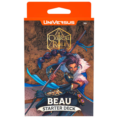 Critical Role UniVersus Beau Starter Deck card game package featuring an illustrated character with blue hair holding a staff against a textured brown backgroun