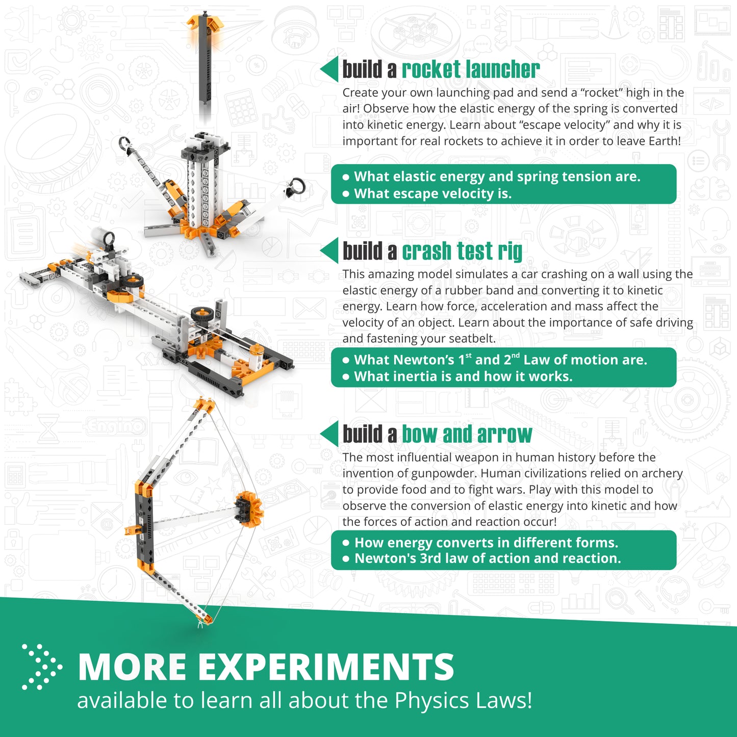 Engino Physics Laws STEM building set with rocket launcher, crash test rig, and bow and arrow models in orange and gray