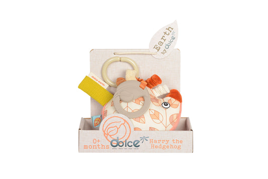 Dolce Harry the Hedgehog interactive plush toy with wooden ring teether, fabric textures, and crinkle details in cream and orange, displayed in branded packagin