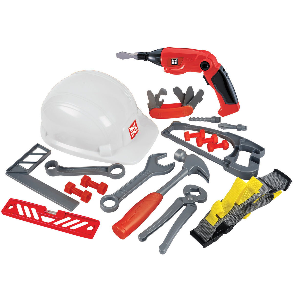 Tool Tech Deluxe Helmet Tool Set with red powered screwdriver, white helmet, wrenches, hammer, and accessories displayed