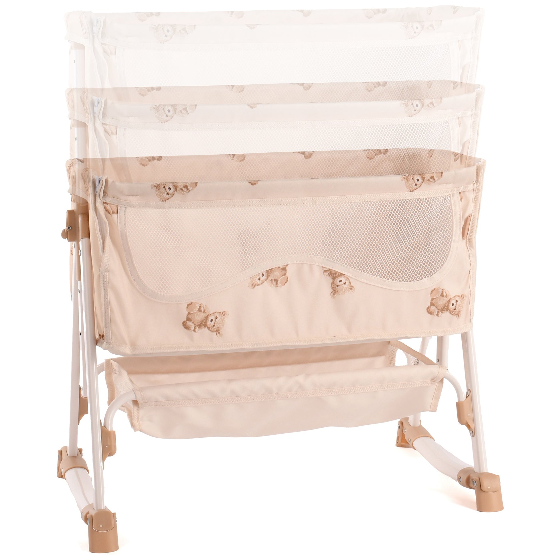 Roma Teddy Bedside Crib in beige with teddy bear design and mesh panels