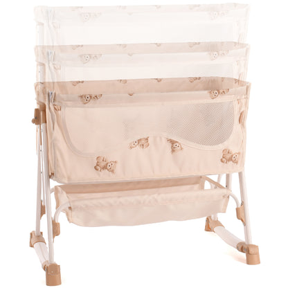 Roma Teddy Bedside Crib in beige with teddy bear design and mesh panels