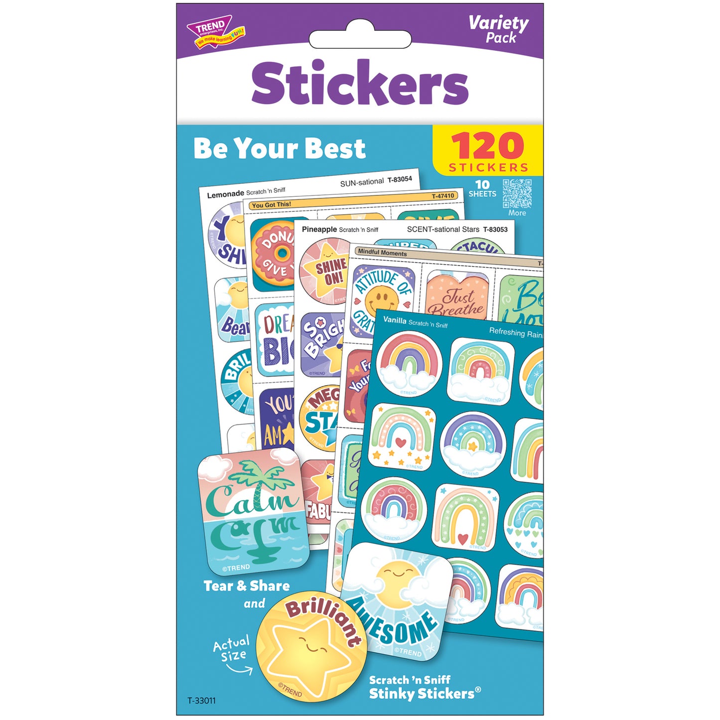 TREND Scratch 'N Sniff Be Your Best Variety Pack sticker sheets showing motivational designs including rainbows, smiling stars, and scented stickers with 120 to