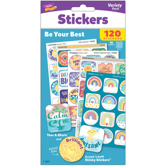 TREND Scratch 'N Sniff Be Your Best Variety Pack sticker sheets showing motivational designs including rainbows, smiling stars, and scented stickers with 120 to