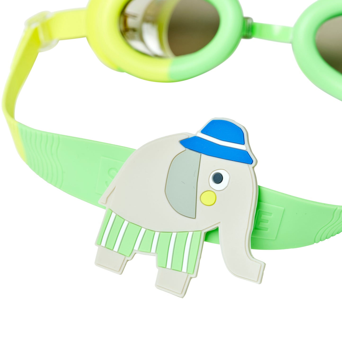 Eli the Elephant swimming goggles with green straps and blue hat