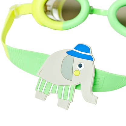 Eli the Elephant swimming goggles with green straps and blue hat