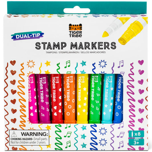 Tiger Tribe Dual-Tip Stamp Markers 8-pack with colorful markers in pink, red, orange, yellow, green, cyan, and blue