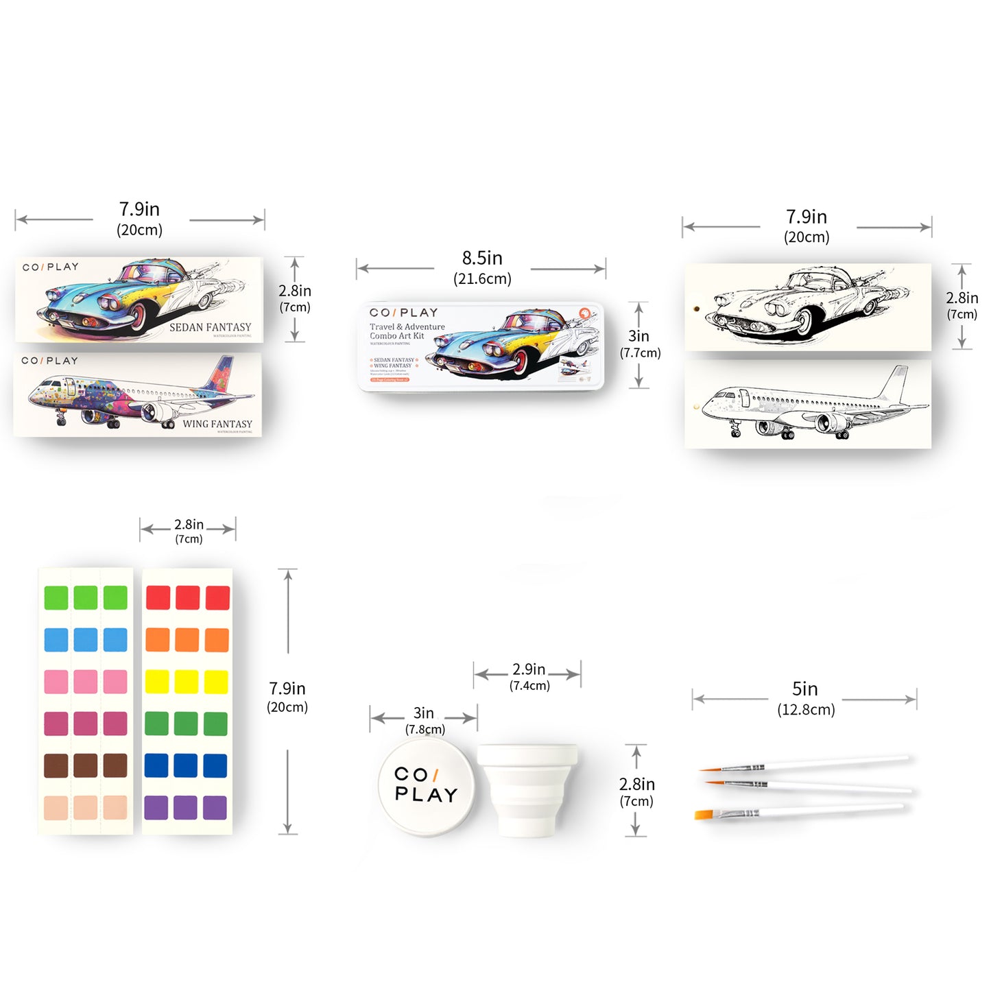 COIPLAY Watercolor Art Kit with car and airplane coloring pages, paint palette, and brushes