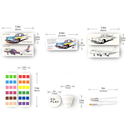 COIPLAY Watercolor Art Kit with car and airplane coloring pages, paint palette, and brushes