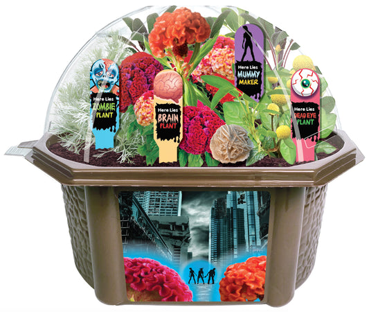 Zombie Apocalypse Biosphere Terrarium Kit with dome top containing colorful flowers and labeled plant markers (Zombie Plant, Brain Plant, Mummy Maker, Dead Eye