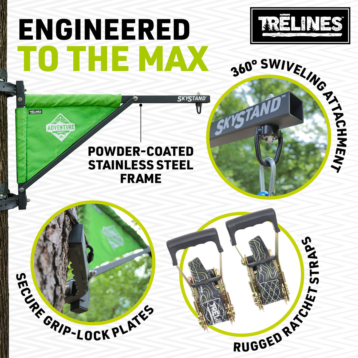 Trelines SkyStand green swing support with 360° swivel attachment and secure grip-lock plates