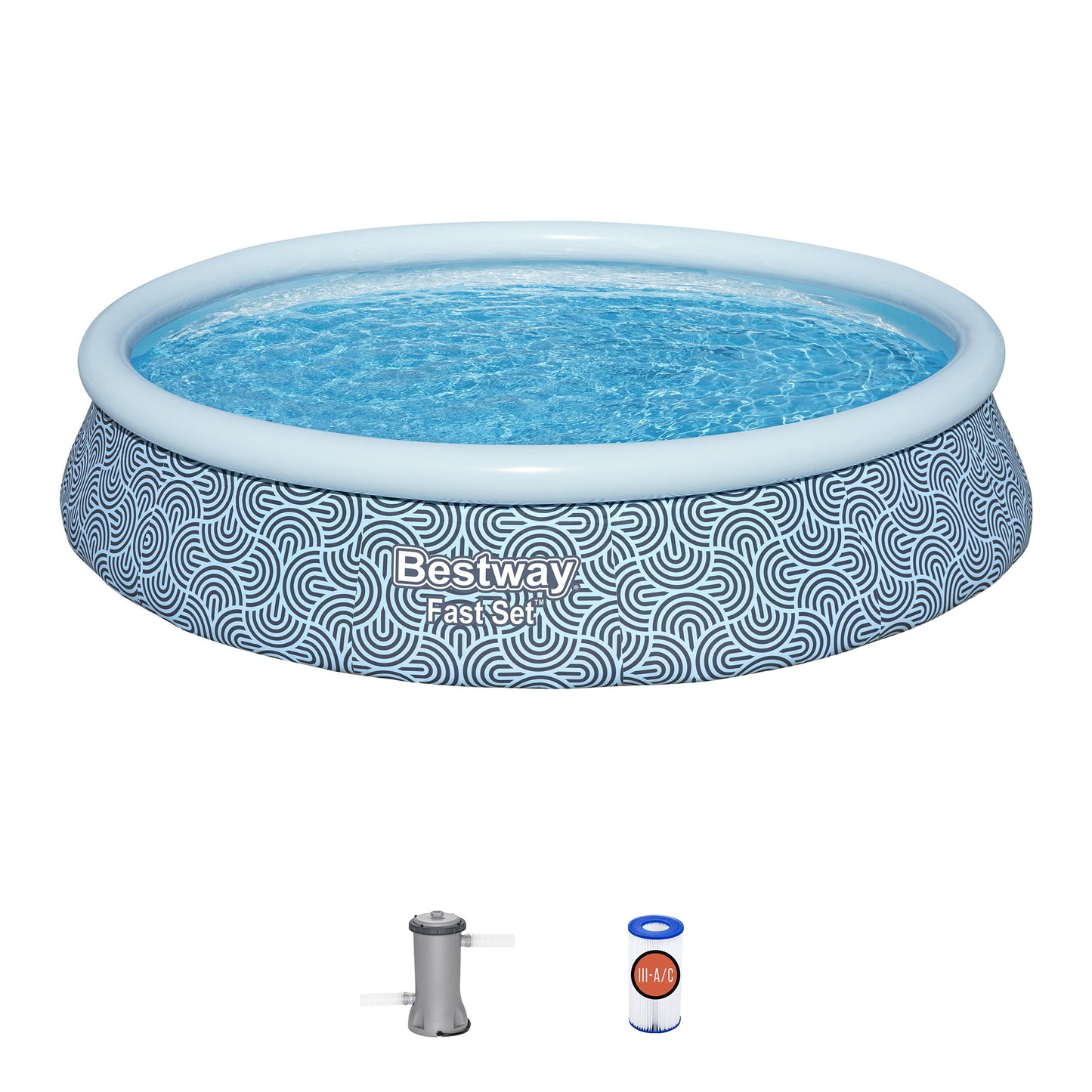 Bestway FastSet inflatable pool with blue and white geometric pattern, filled with water, shown with pump and filter cartridge