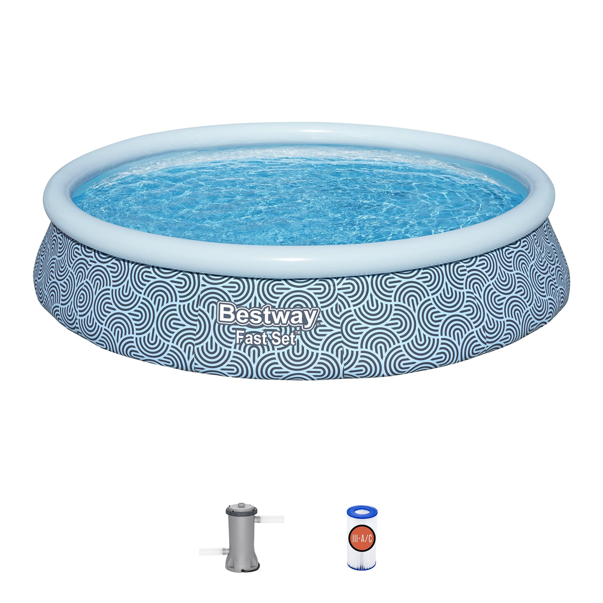 Bestway FastSet inflatable pool with blue and white geometric pattern, filled with water, shown with pump and filter cartridge