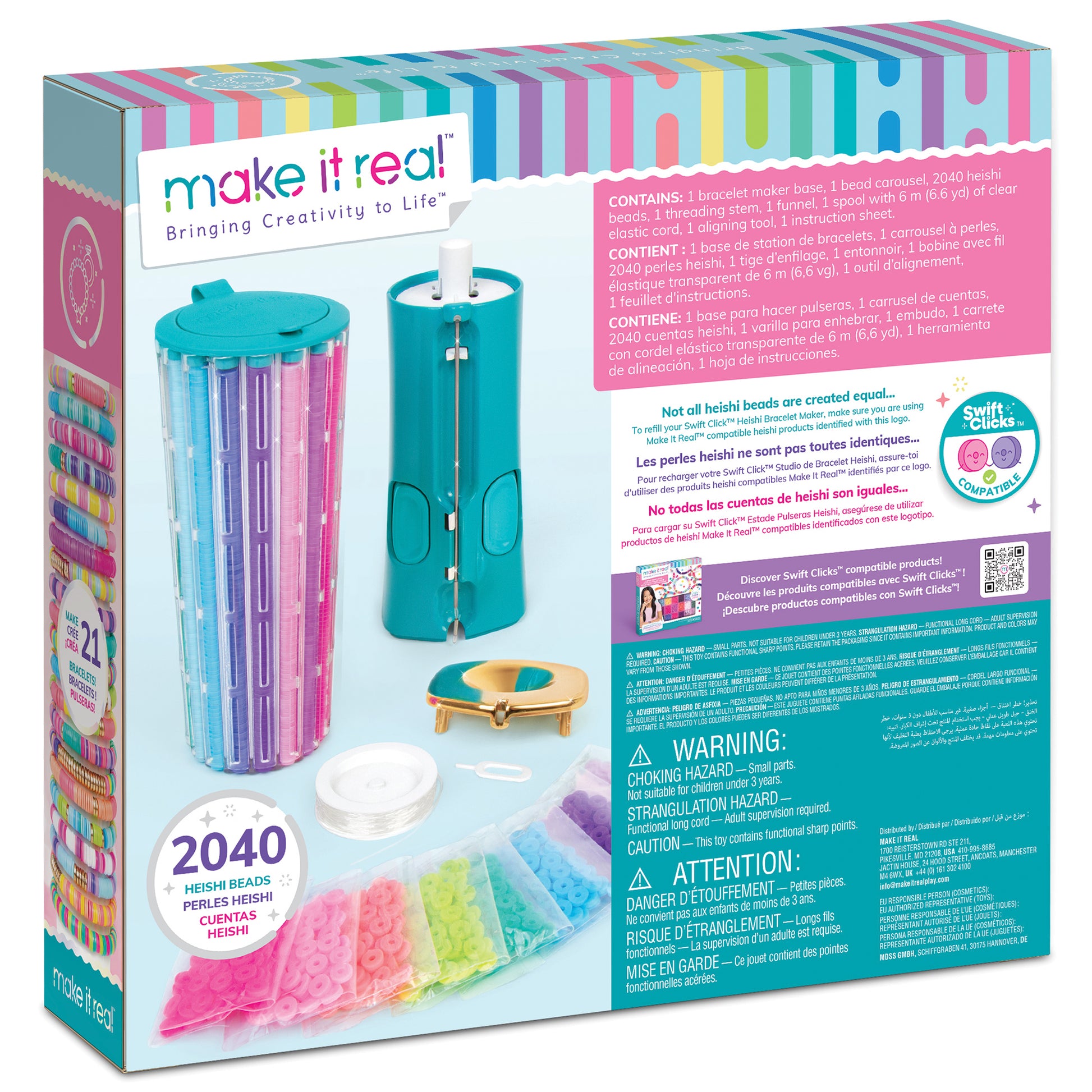 Make It Real Heishi Swift Clicks Jewelry Kit with turquoise bead carousel, threading station, and 2040 colorful heishi beads in pink, purple, blue, and yellow