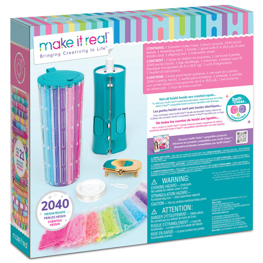 Make It Real Heishi Swift Clicks Jewelry Kit with turquoise bead carousel, threading station, and 2040 colorful heishi beads in pink, purple, blue, and yellow