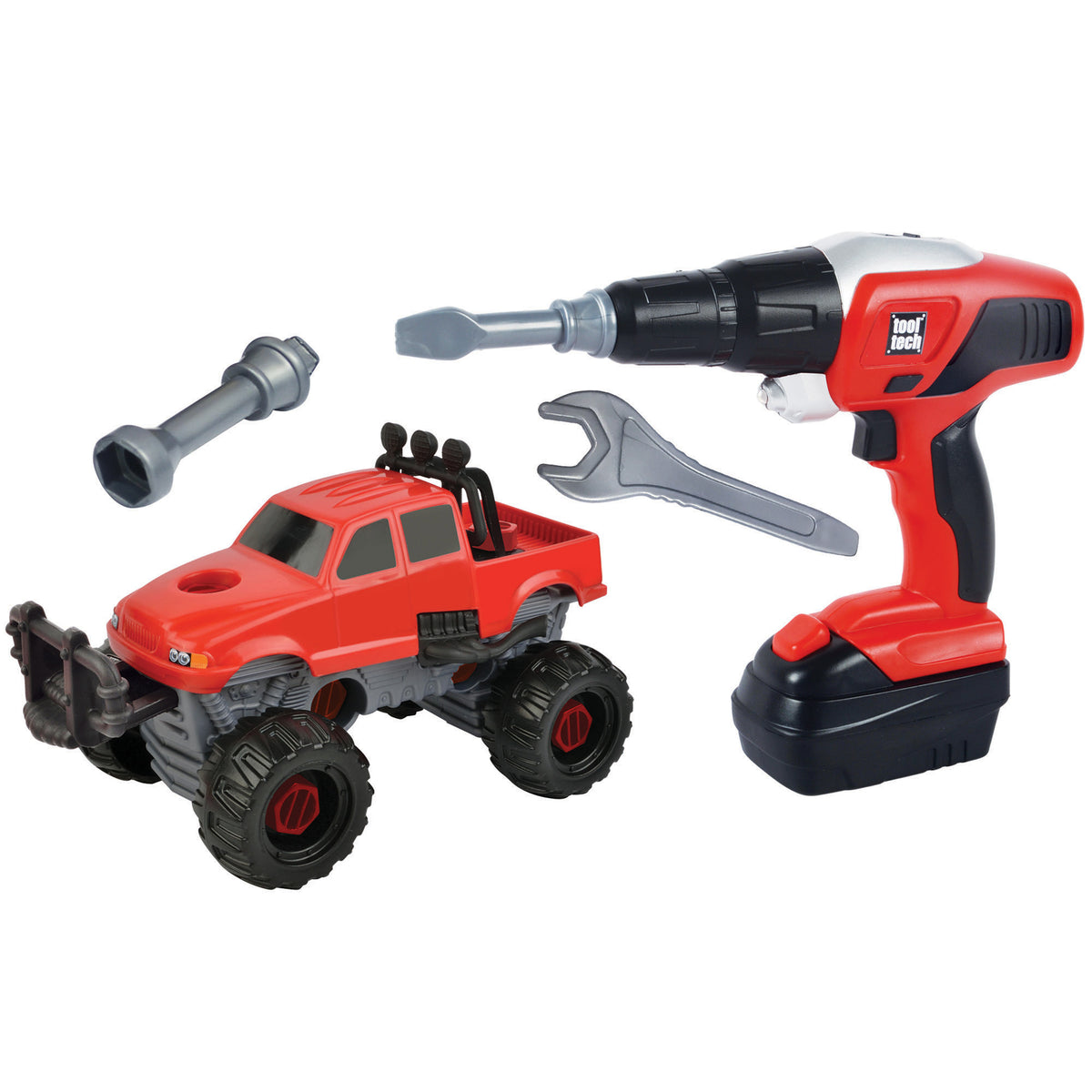 Tool Tech Take Apart Truck & Power Drill STEM Building Set with red truck, red power drill, wrench, and bolt accessories