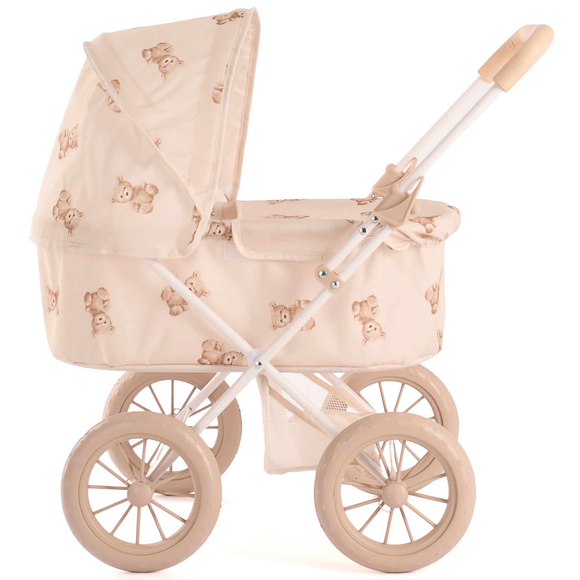 Roma Teddy My First Doll Pram in cream with bear print and wooden handles