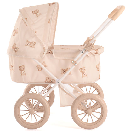 Roma Teddy My First Doll Pram in cream with bear print and wooden handles