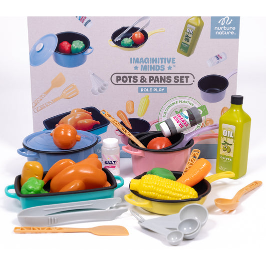 Imaginative Minds Pots & Pans Set role play cooking playset with colorful pots, pans, play food including corn and vegetables, utensils, salt shaker, and olive