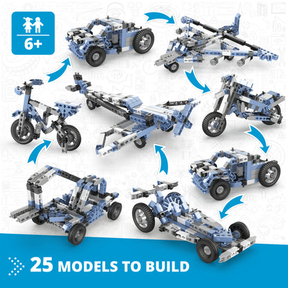 Engino Creative Builder 25-in-1 blue and white construction vehicle set with multiple models