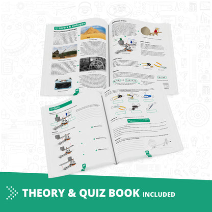 Engino Discovering STEM Mechanics building set with theory and quiz book showing lever models and exercises