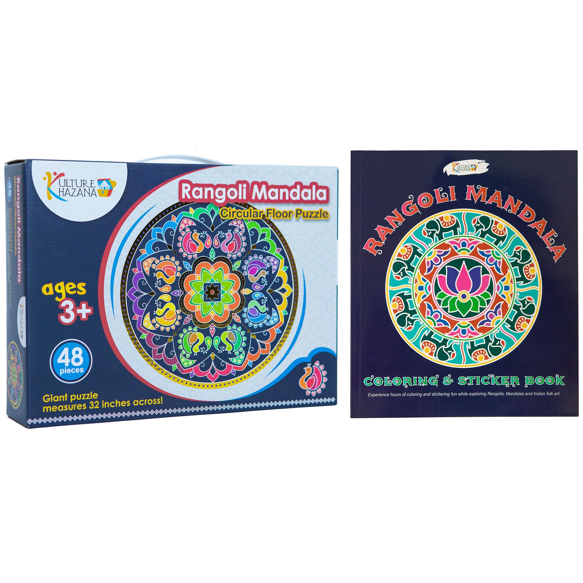 Rangoli Mandala Activity Bundle: 48-piece circular floor puzzle and coloring sticker book with vibrant multicolored p...
